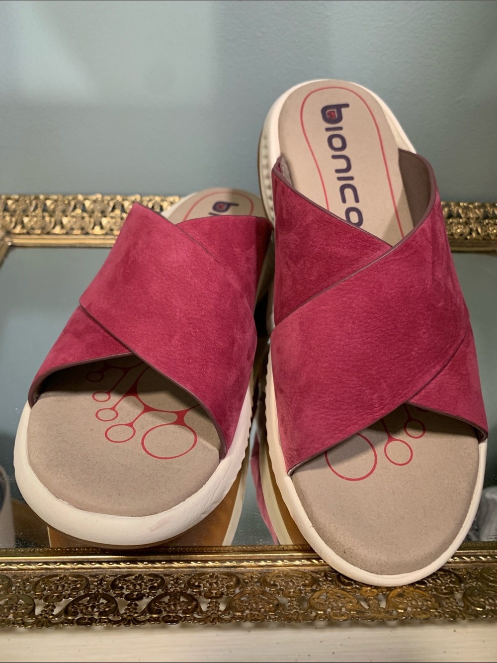 Bionica Women's Crisscross Slide Sandal in Raspberry